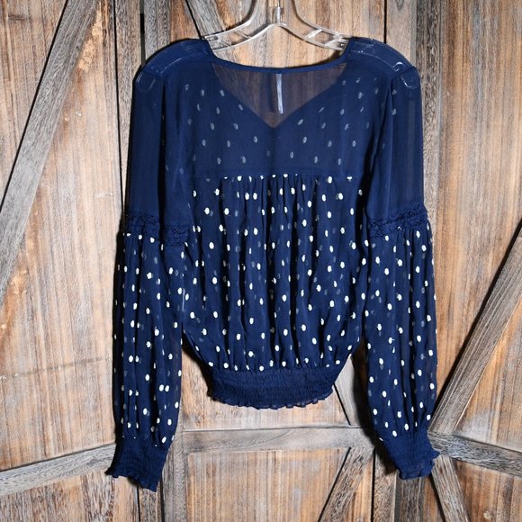 Free People Sheer Navy Polka Dot Peasant Blouse - Picture 5 of 8